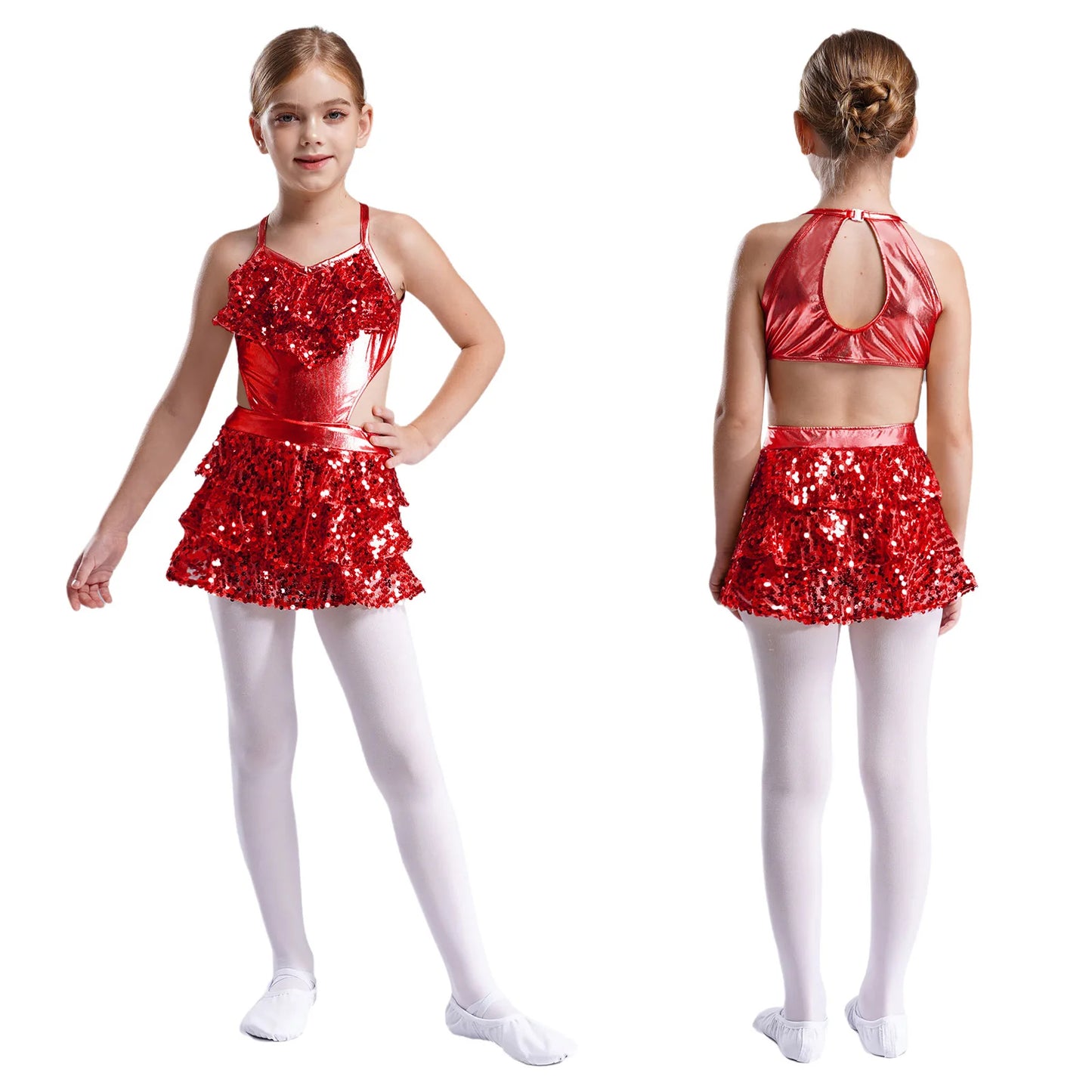 Kinder Mädchen Pailletten Jazz Ballett Tanzkleid Ärmellos Ausschnitt Tiered Rüschen Trikot Salsa Samba Rumba Skating Performance Kostüm