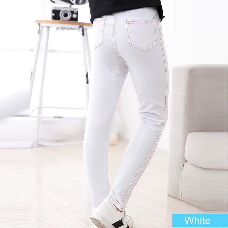 Sheecute New Spring Summer Fashion Girls Pencil Knit Imitation Denim Fabric Jeans Kids Candy Colore Mid Waist Full Length Pants.
