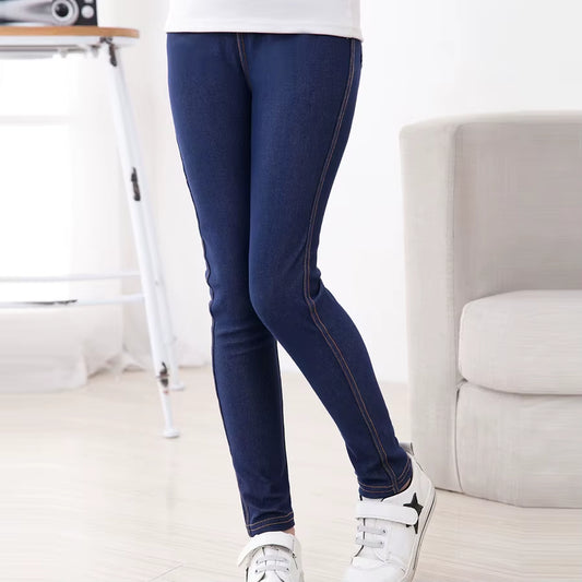 Sheecute New Spring Summer Fashion Girls Pencil Knit Imitation Denim Fabric Jeans Kids Candy Colore Mid Waist Full Length Pants.