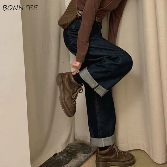 Jeans Women Retro Blue Wide-Leg Trousers Slouchy Jean Loose Simple Classic Student Autumn Full Female Harajuku Ins Denim Leisure.