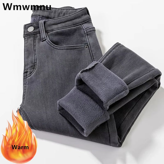 Streetwear Thicken plus Velvet Slim Pencil Jeans Women Winter Warm Oversized 34 Denim Pants High Waist Stretch Cowboy Trousers.