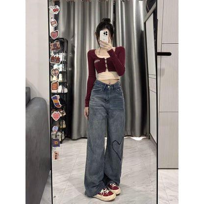 Love Embroidered Wide-Leg Simple Casual Jeans.