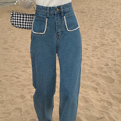 Jeans Women High Waist Vintage Peals Straight Wide Leg Mopping Denim Trousers for Female Retro Streetwear Casual Simple Stylish.