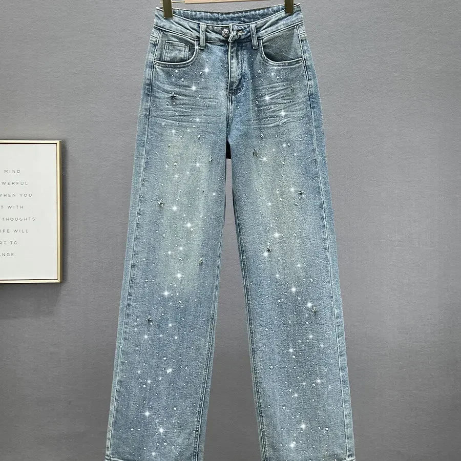 Rhinestone XINGX Pendant Design High Waist Wash Jeans Women'S Summer Loose Slimming and All-Matching Straight-Leg Pants.