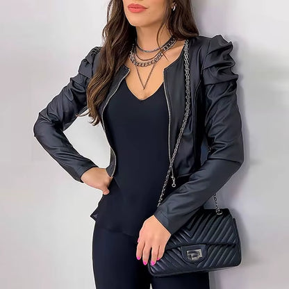 2021 Jacket Women Zipper Leather Jackets Coat Autumn Puff Sleeve Black Outwear Coat Elegant Slim Jacket Women'S Black Jack Coat.