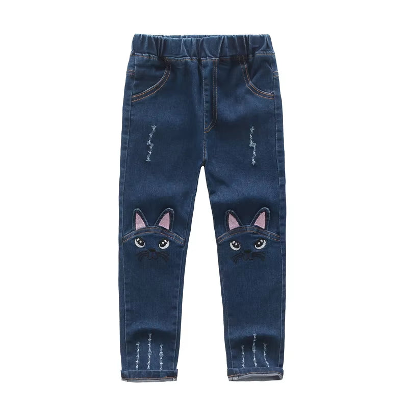 Cute Cartoon Pattern Kids Jeans Spring Autumn Winter Lovely Cat High Quality Children Pants Casual Trouses Baby Girls Jeans.