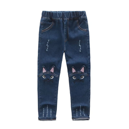Cute Cartoon Pattern Kids Jeans Spring Autumn Winter Lovely Cat High Quality Children Pants Casual Trouses Baby Girls Jeans.
