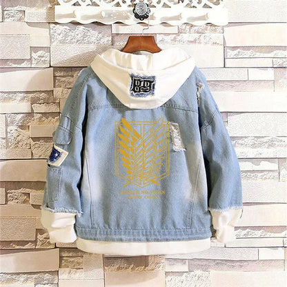 Anime Attack on Titan Unisex Streetwear Long Hooded Jeans Jacket Guilty Crown Death Note Harajuku Denim Patchwork Hoodies Coat.