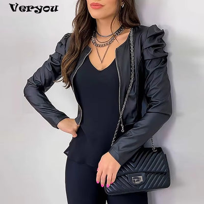 2021 Jacket Women Zipper Leather Jackets Coat Autumn Puff Sleeve Black Outwear Coat Elegant Slim Jacket Women'S Black Jack Coat.