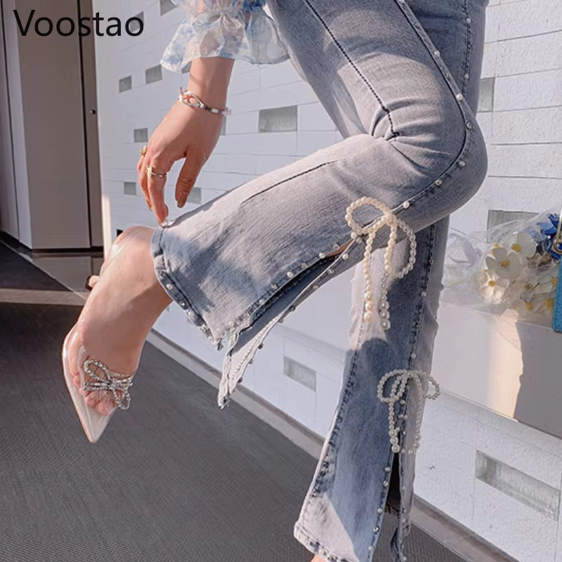 Spring Autumn Sweet High Waist Split Denim Pants Women Elegant Chic Beading Bowknot Boot Cut Pants Girls Vintage Fairy Jeans.