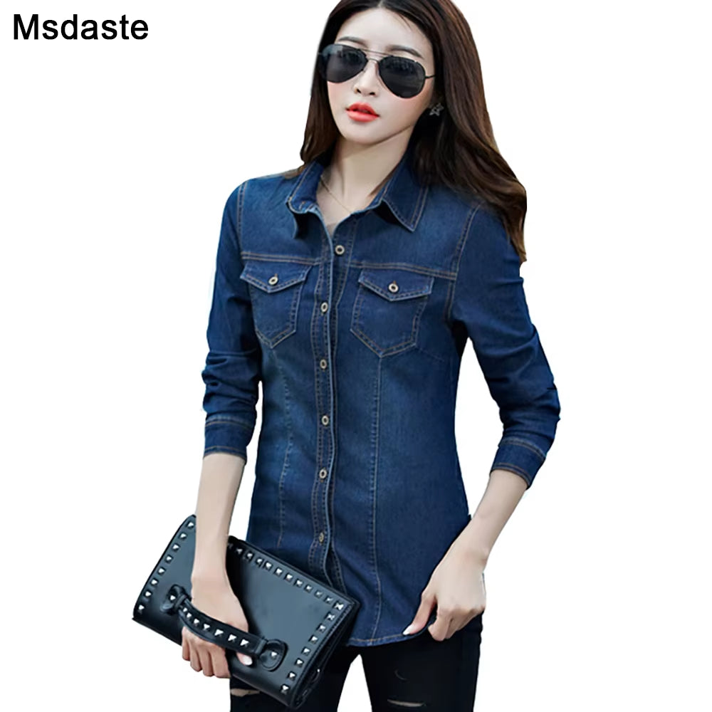 Jeans Shirt Women 2019 Long Sleeve Slim Casual Vintage Elastic Ladies Denim Shirts Tops Blusas Feminina Woman Blouses and Tops.