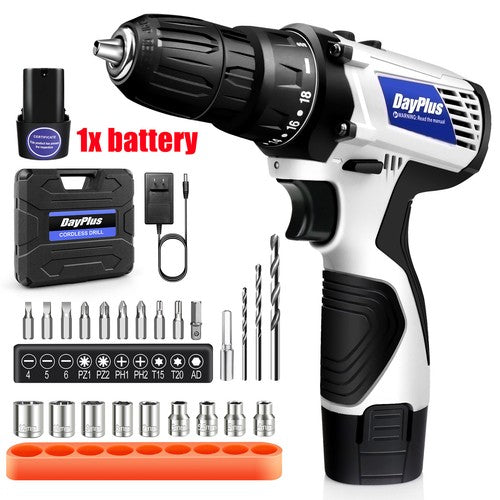 Akku-Bohrschrauber-Set mit Akku, 2-in-1-Werkzeugsatz für Elektroschrauber, 45 Nm, 3/8-Zoll-Schnellspannbohrfutter mit zwei Geschwindigkeiten