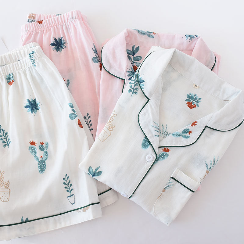 Japanische einfache kurze Pyjamas Frauen 100 % Baumwolle kurze Ärmel Damen Pyjama Sets Shorts süße Cartoon Nachtwäsche Frauen Homewear.