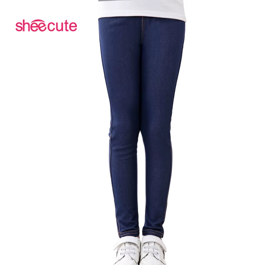 Sheecute New Spring Summer Fashion Girls Pencil Knit Imitation Denim Fabric Jeans Kids Candy Colore Mid Waist Full Length Pants.