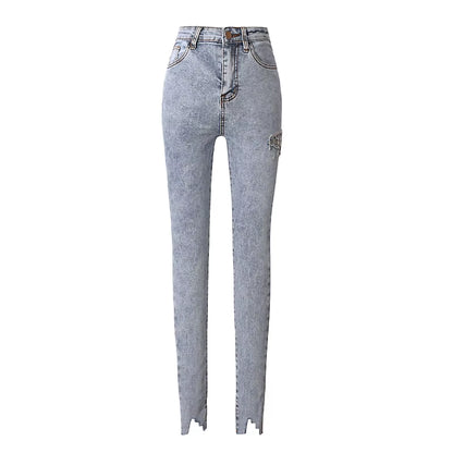 2022 New Fashion Spring Summer Fashion Streetwear Thigh Cut Diamonds Tassel Skinny Jeans Women Denim Pants KZ566.