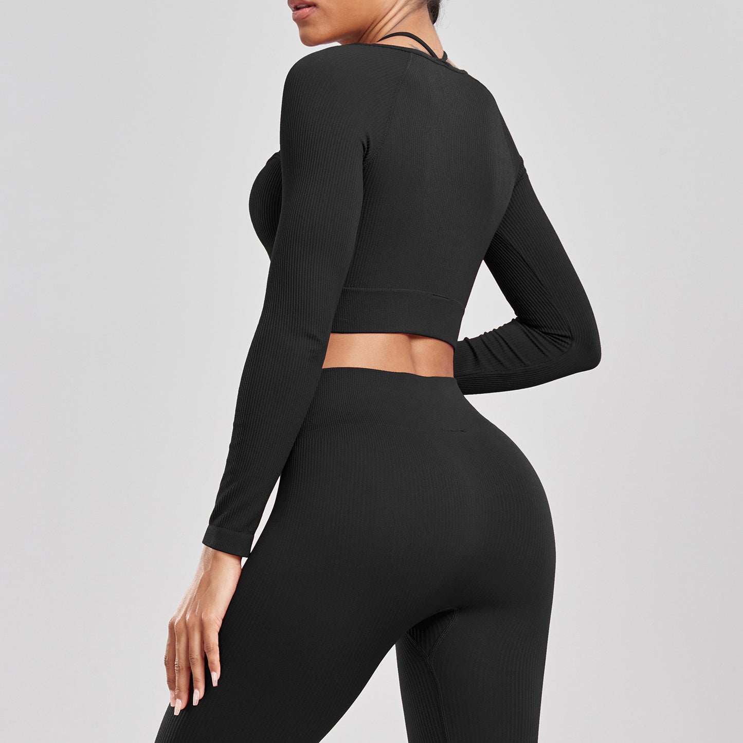 CHRLEISURE Ribbed Seamless Crop Top Women's Long Sleeve Sports Shirt  Elastic Slim Workout Tee Outdoor Yoga Shirts Gym Wear.