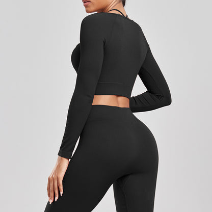 CHRLEISURE Ribbed Seamless Crop Top Women's Long Sleeve Sports Shirt  Elastic Slim Workout Tee Outdoor Yoga Shirts Gym Wear.