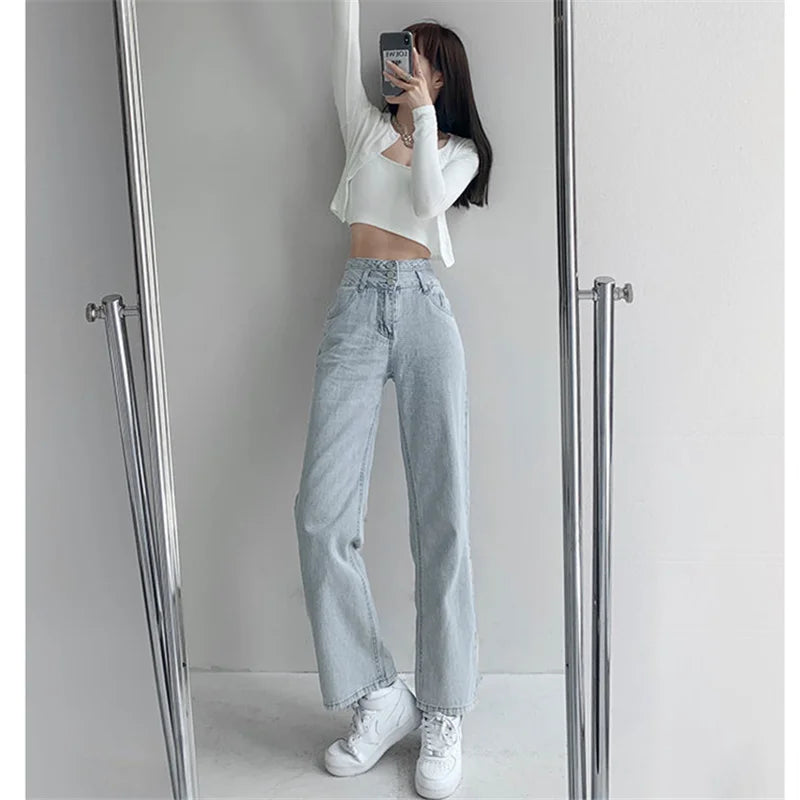 High Waist Loose Comfortable Jeans for Women Streetwear Fashionable Straight Pants Mom Jeans Washed Boyfriend Jeans.