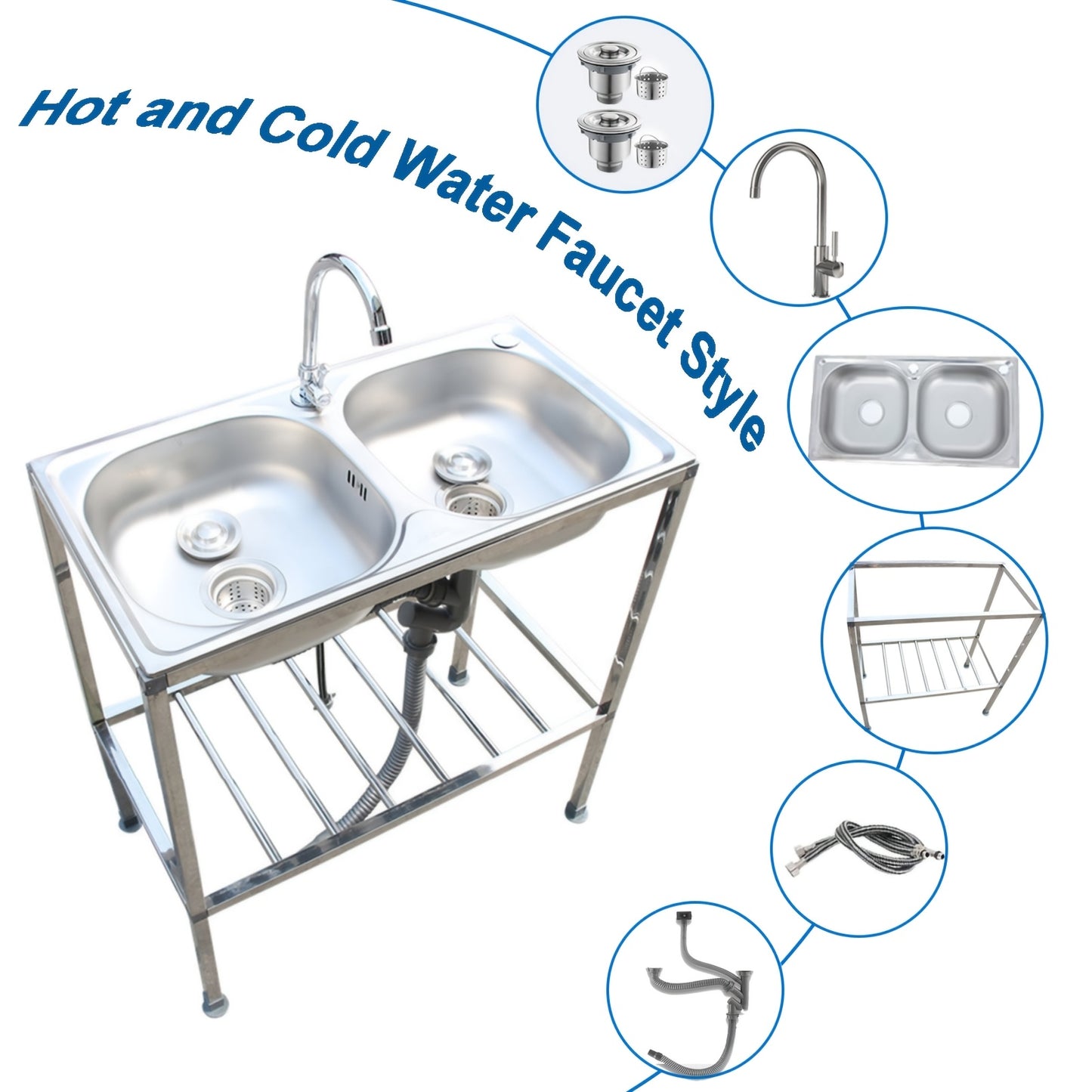 Edelstahlspüle, freistehendes Doppelschüssel-Küchenspülbecken mit Wasserhahn, Warm- und Kaltwasserrohr, Silber 75 * 40 * 83 cm