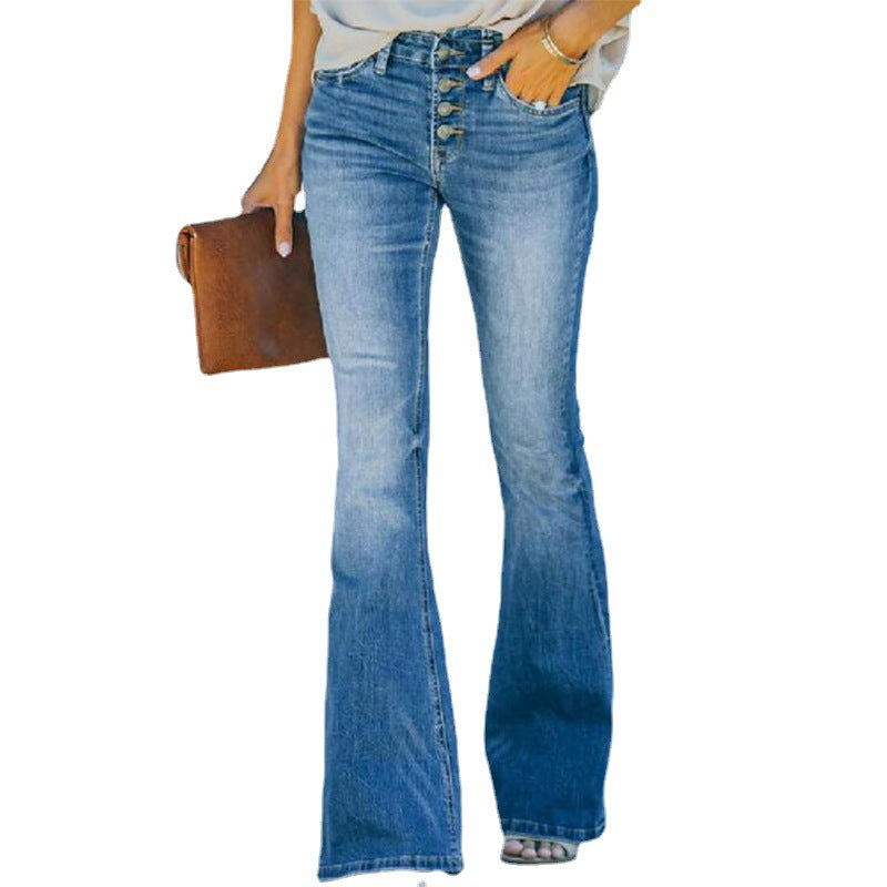 High Waist Bell Bottom Jeans Trendy Wear Washed Out Street Style Women'S Denim Pants.