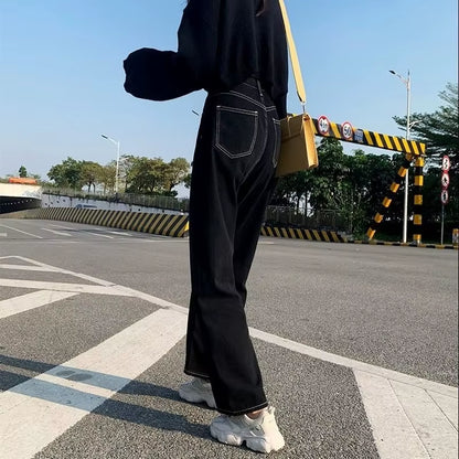 Jeans Women All-Match Korean Style Mopping Trousers Denim Vintage Black Solid High Waist Autumn Baggy Chic Ulzzang Street Casual.