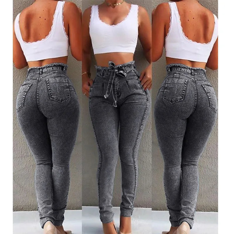 High Waist Jeans for Women Slim Stretch Denim Jean Bodycon Tassel Belt Bandage Skinny Push up Jeans Woman Clothe 4XL 5XL.