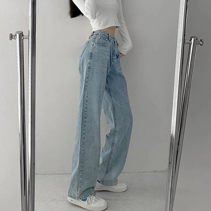 High Waist Jeans Women Loose Solid Mopping Simple Street Denim Trousers Girls Trendy Designed All-Match Young Lady Stylish Ins.