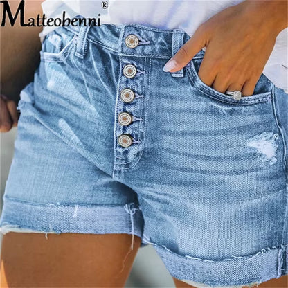 Summer Women Sexy High Waist Jeans Ripped Casual Slim Female Fashion Elastic Blue Buttons Washed Short Denim Shorts.
