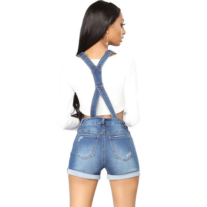 Short Denim Overalls Women Hole Jumpsuit High Waist Casual Jeans Playsuit Washed Salopette Straps 2019 Summer Romper.