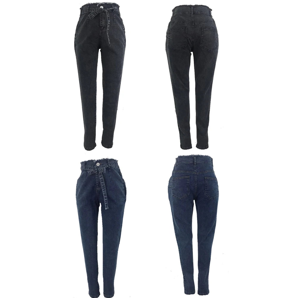 High Waist Jeans for Women Slim Stretch Denim Jean Bodycon Tassel Belt Bandage Skinny Push up Jeans Woman Clothe 4XL 5XL.
