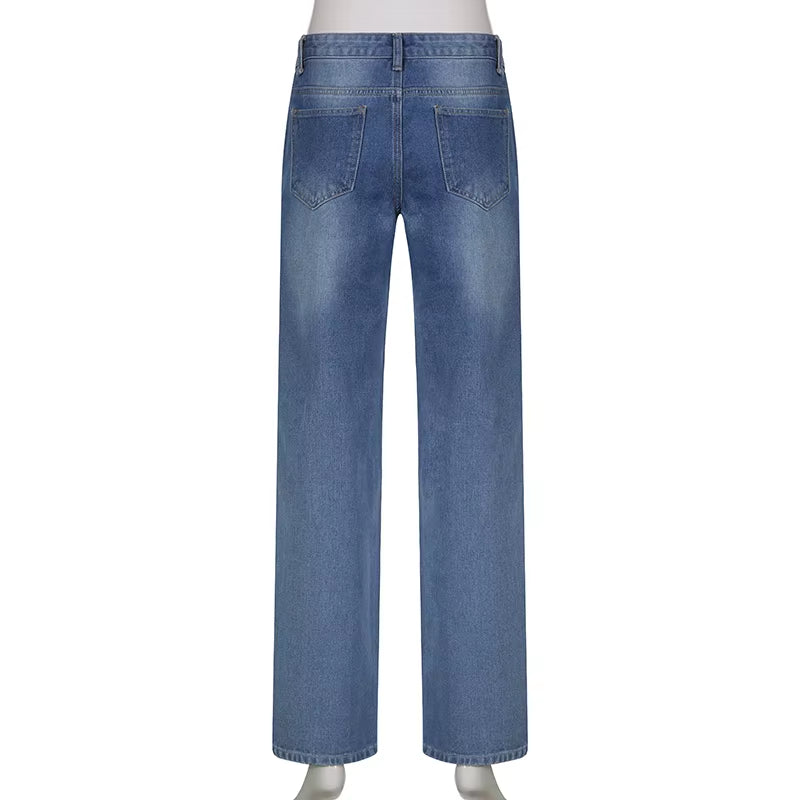 Women'S Harajuku Print Jeans Floral Print Vintage Aesthetic Baggy Straight Pants Grunge Casual Outfits Trousers Streetwear Y2K.