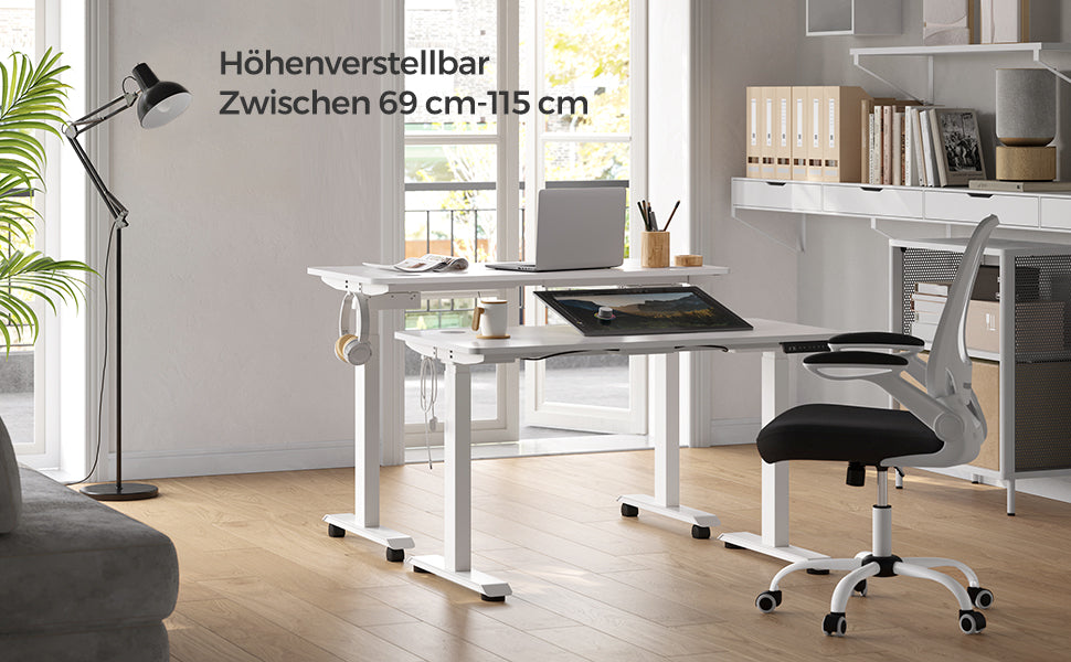 SONGMICS Höhenverstellbarer Schreibtisch elektrisch, Schreibtischständer, Doppelmotor, mit Haken, stufenlos verstellbar