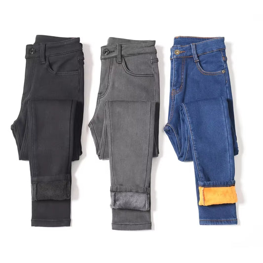 Warm Winter Size Slim Jeans Women Advanced Stretch Cotton Denim Pants Thick Fleece Student Trousers Blue Black Gray.