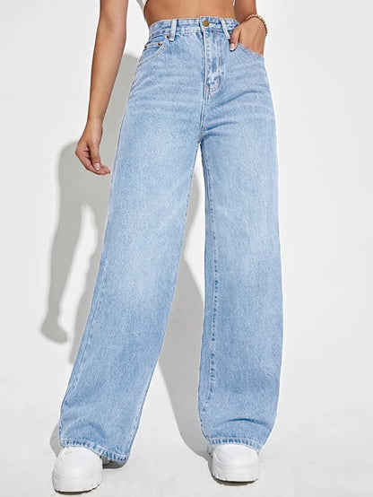 New Best Selling Mid-Waist Straight Jeans Women'S Solid Color Loose All-Match Denim Trousers.