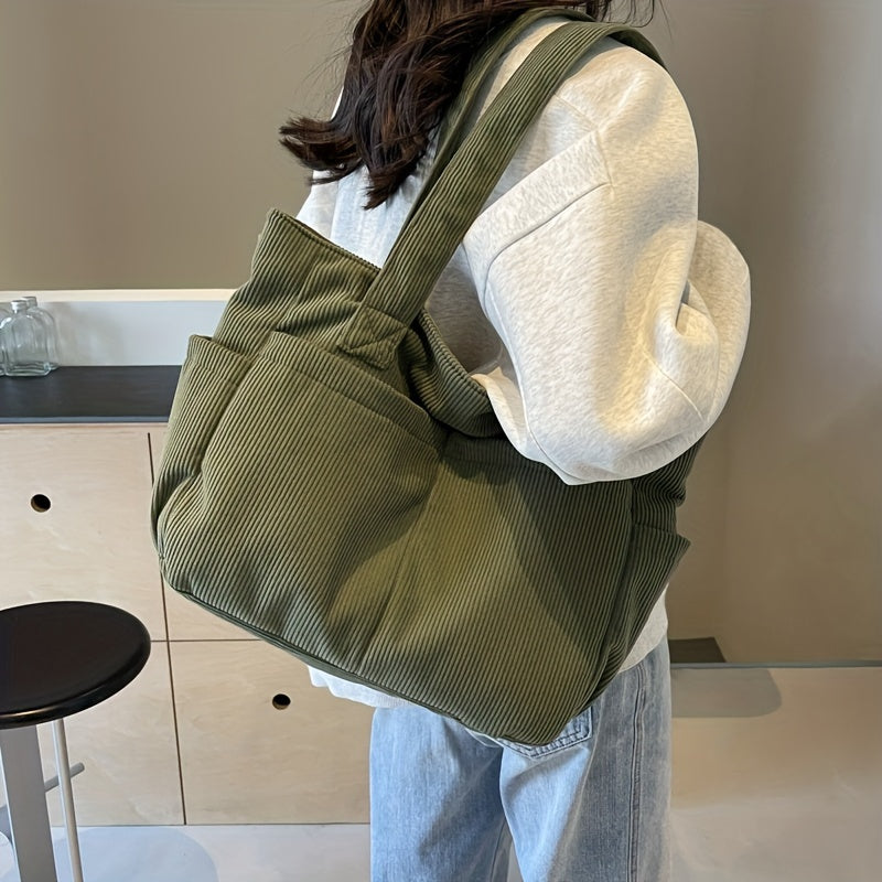 Women's Casual Corduroy Tote Bag Striped Shoulder Bag with Fixed Straps Zipper Large Capacity Handbag for Daily Outings and Shop.