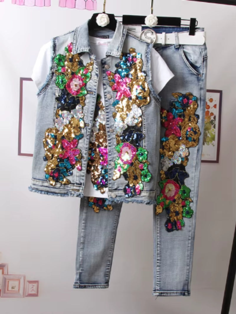 European Style Denim Jacket Fashion Outfit Women New Flower Sequined Jeans Vest Coat.