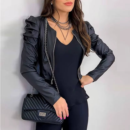 2021 Jacket Women Zipper Leather Jackets Coat Autumn Puff Sleeve Black Outwear Coat Elegant Slim Jacket Women'S Black Jack Coat.
