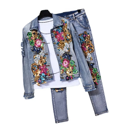 European Style Denim Jacket Fashion Outfit Women New Flower Sequined Jeans Vest Coat.