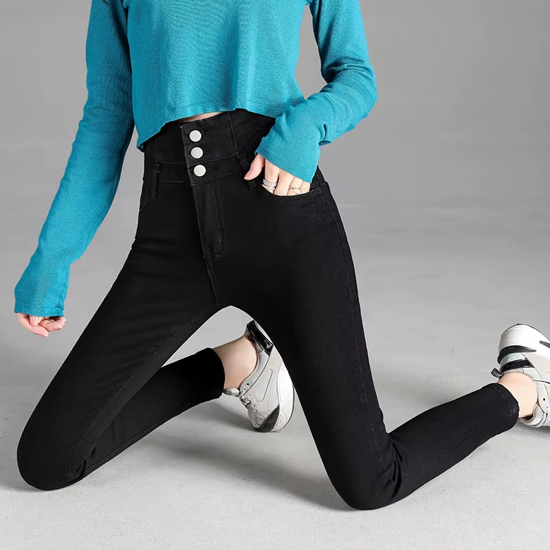 High-Quality New Vintage High-Waist Stretch Skinny Jeans, Women'S Fashion Stretch Button Pencil Pants, Mom Casual Jeans Pants.