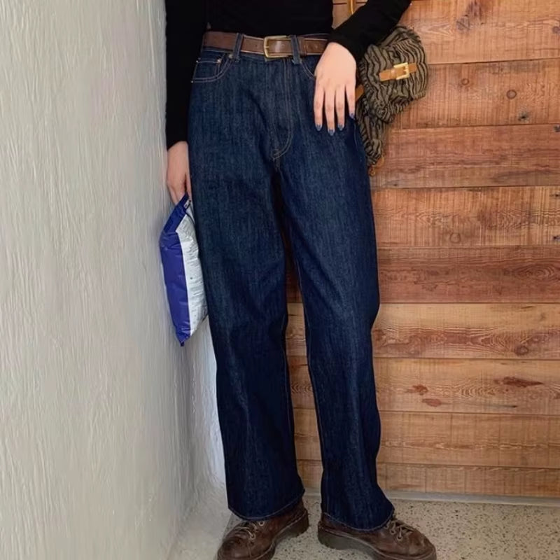 Jeans Women Retro Blue Wide-Leg Trousers Slouchy Jean Loose Simple Classic Student Autumn Full Female Harajuku Ins Denim Leisure.