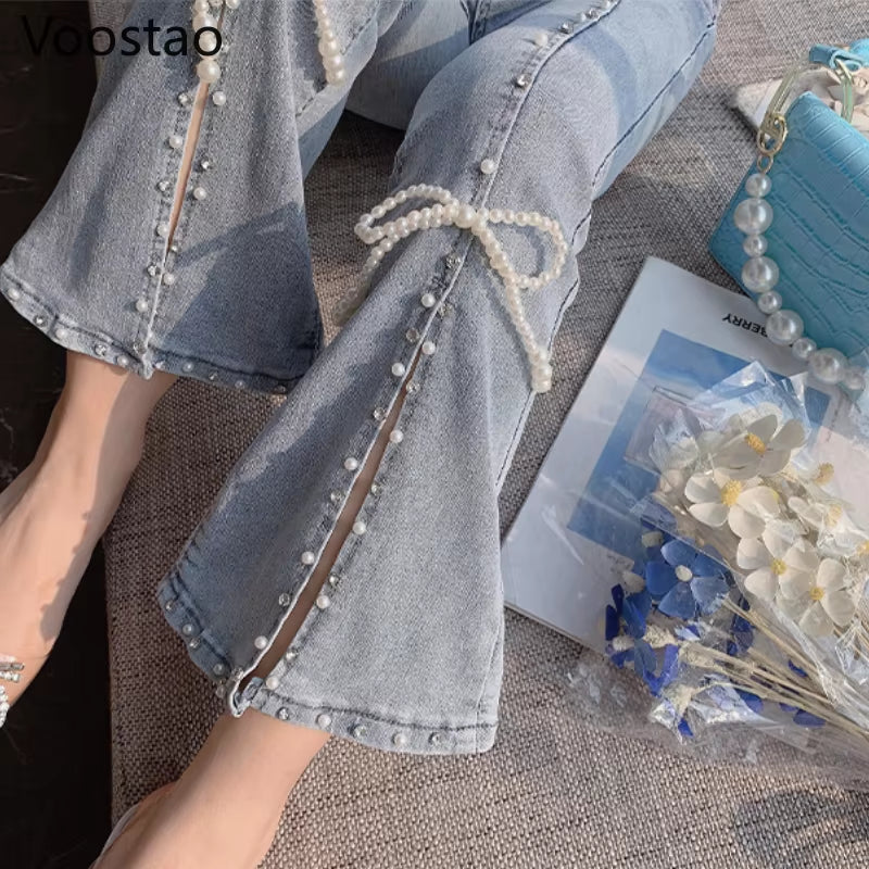 Spring Autumn Sweet High Waist Split Denim Pants Women Elegant Chic Beading Bowknot Boot Cut Pants Girls Vintage Fairy Jeans.