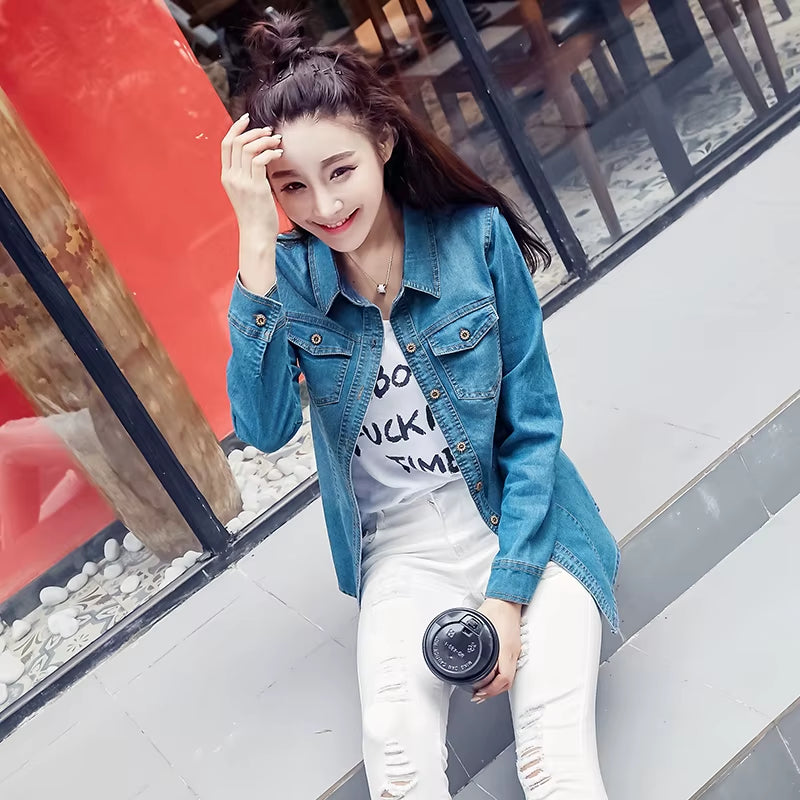 Jeans Shirt Women 2019 Long Sleeve Slim Casual Vintage Elastic Ladies Denim Shirts Tops Blusas Feminina Woman Blouses and Tops.