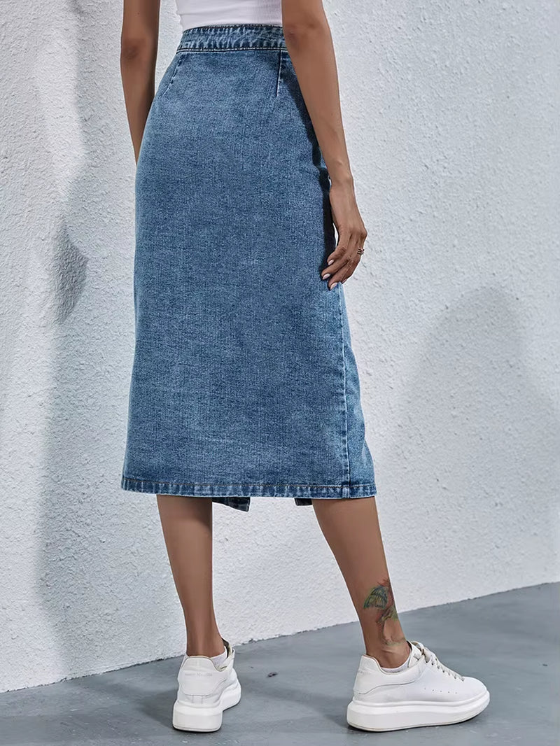 Single Breasted Knee Length Denim Skirt Women Streetwear Casual Pocket High Waist Straight Jeans Skirt New.