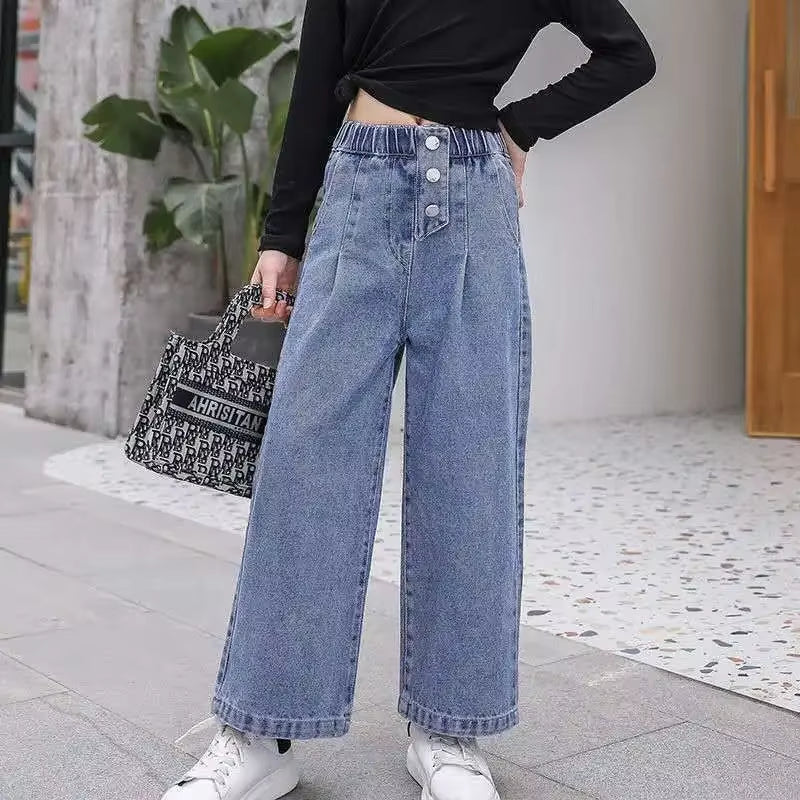 Girls Jeans 2024 Autumn Loose Straight Wide-Leg Pants Kids Trousers Jeans for Children 10 12 13 14 Years Blue High Waist Pants.