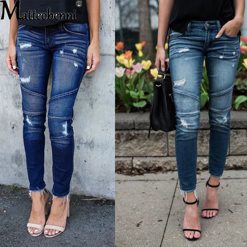 Fashion Mid Waist Skinny Jeans Women Vintage Distressed Denim Pants Autumn Crimped Destroyed Pencil Casual Ripped.