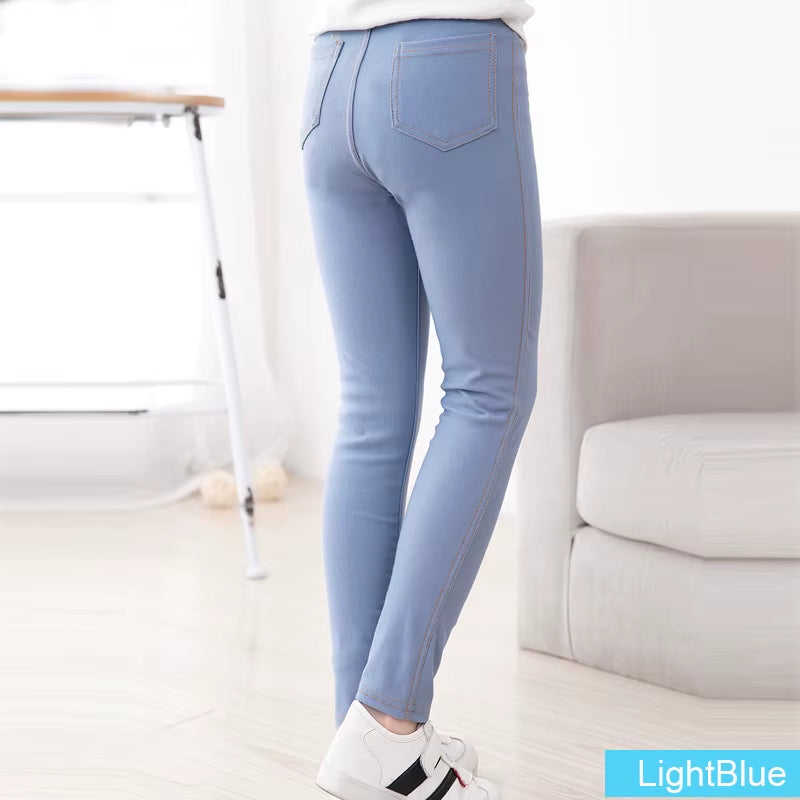 Sheecute New Spring Summer Fashion Girls Pencil Knit Imitation Denim Fabric Jeans Kids Candy Colore Mid Waist Full Length Pants.