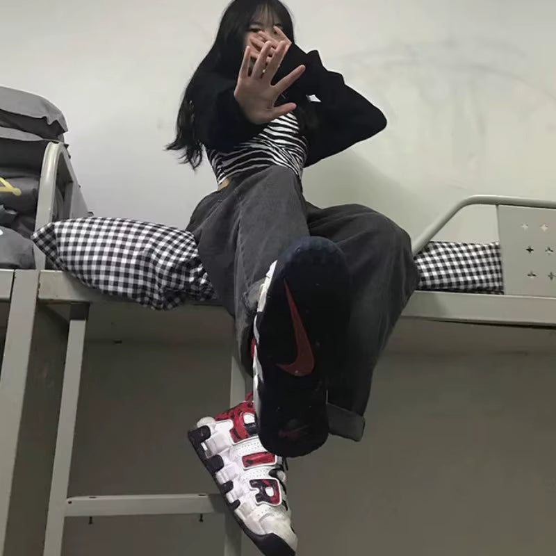 Women Jeans Vintage Adjustable High Waist BF Wide Leg Trousers Autumn New Ins All-Match Streetwear Retro Korean Chic Boyfriend.