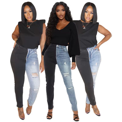 2021 Hot Sale Black Blue Contrast Color High Waist Jeans for Women Fashion Hole Stretch Denim Pencil Pants Hipster Trousers.