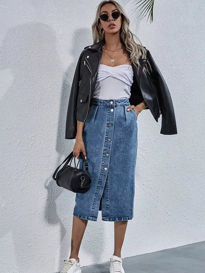Single Breasted Knee Length Denim Skirt Women Streetwear Casual Pocket High Waist Straight Jeans Skirt New.