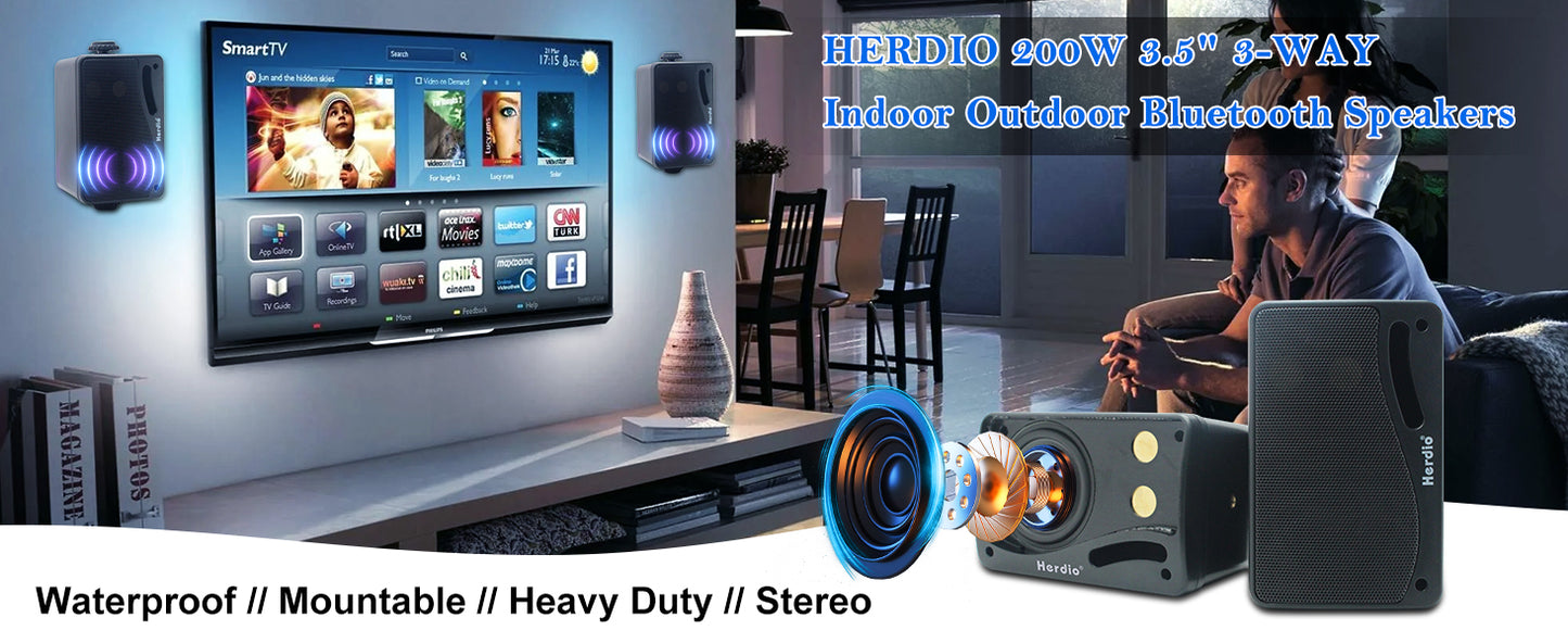 Herdio 3.5" Outdoor Bluetooth Speakers Waterproof 200W 3 Way Upgrade Premium Wall Mount Speakers Durable Mountable Loud Sound.